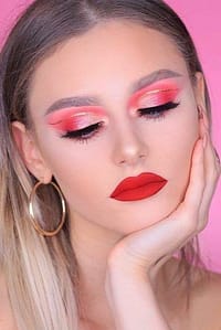 Makeup Idea: Red Lips With Pink And Orange Glitter Shadow
